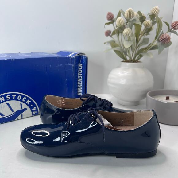 Birkenstock Saunders Patent Leather Clog Navy Women 5/Men 3 EU36 NWB Narrow - Picture 6 of 10